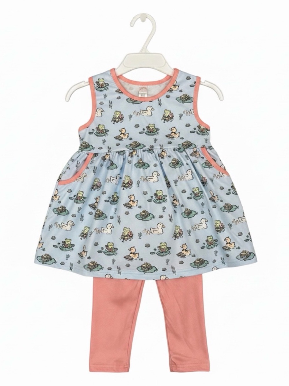 Blue Duck & Frog Print Dress with Coral Trim and Coral Leggings
